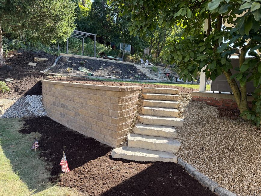 Retaining wall and stone step hardscaping project