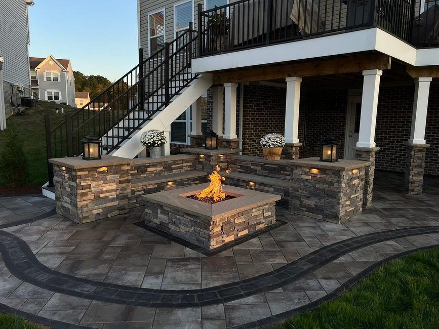 Custom stone fire pit patio and hardscaping service